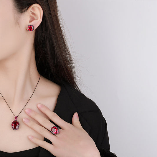 Black Gold Crimson Red Gemstone Statement Jewelry Set
