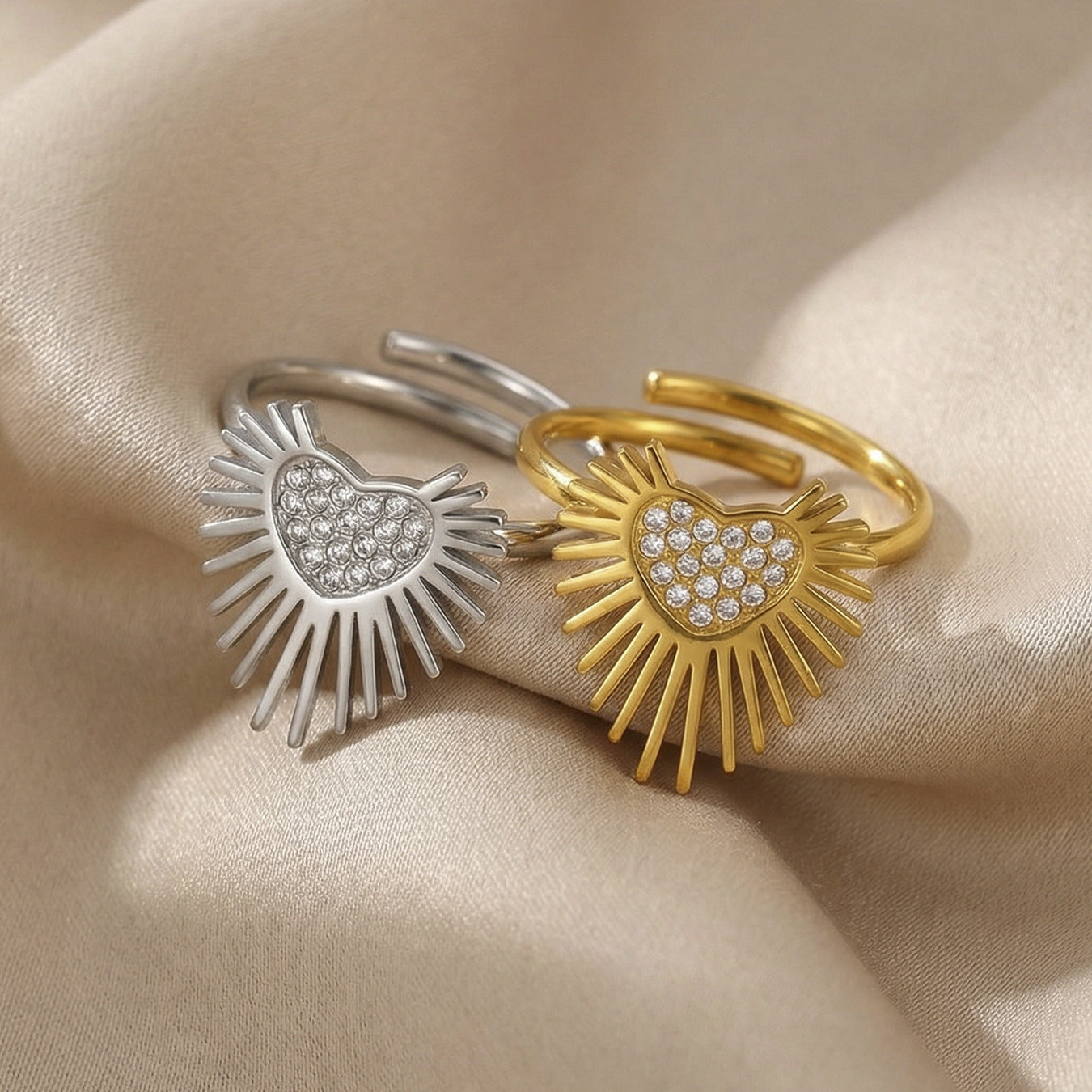 Radiant Sunburst Pavé Heart Adjustable Ring