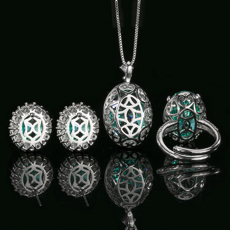 Radiant Emerald Green Oval-Cut Crystal Halo Jewelry Set