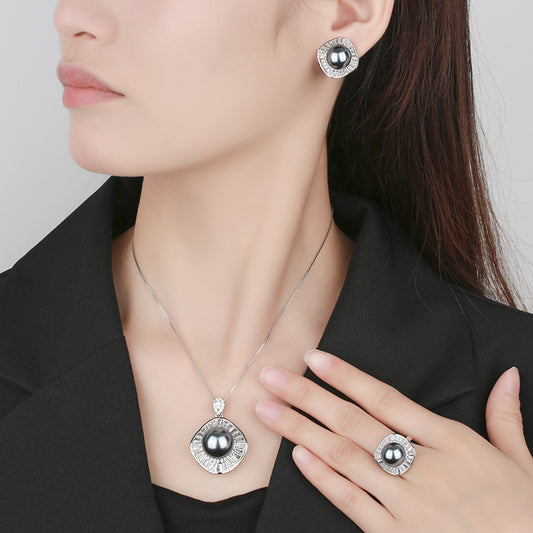 Royal Mystic Gray Pearl Double Halo Jewelry Set