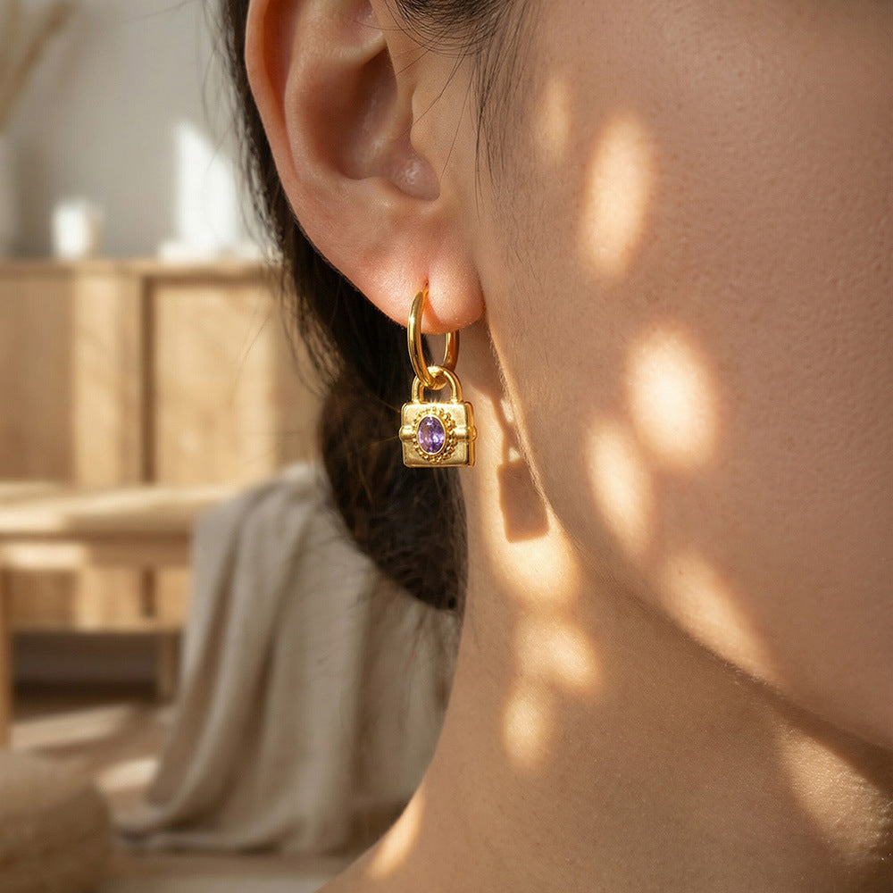 Gemstone Padlock Charm Huggie Earrings