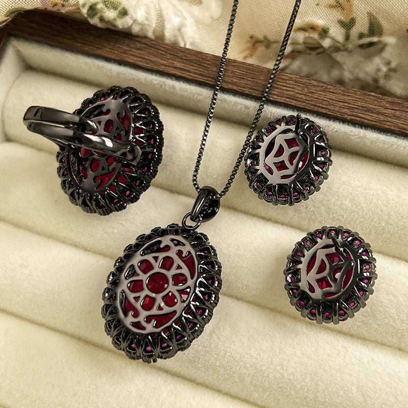 Vintage Crimson Ruby Halo Jewelry Set