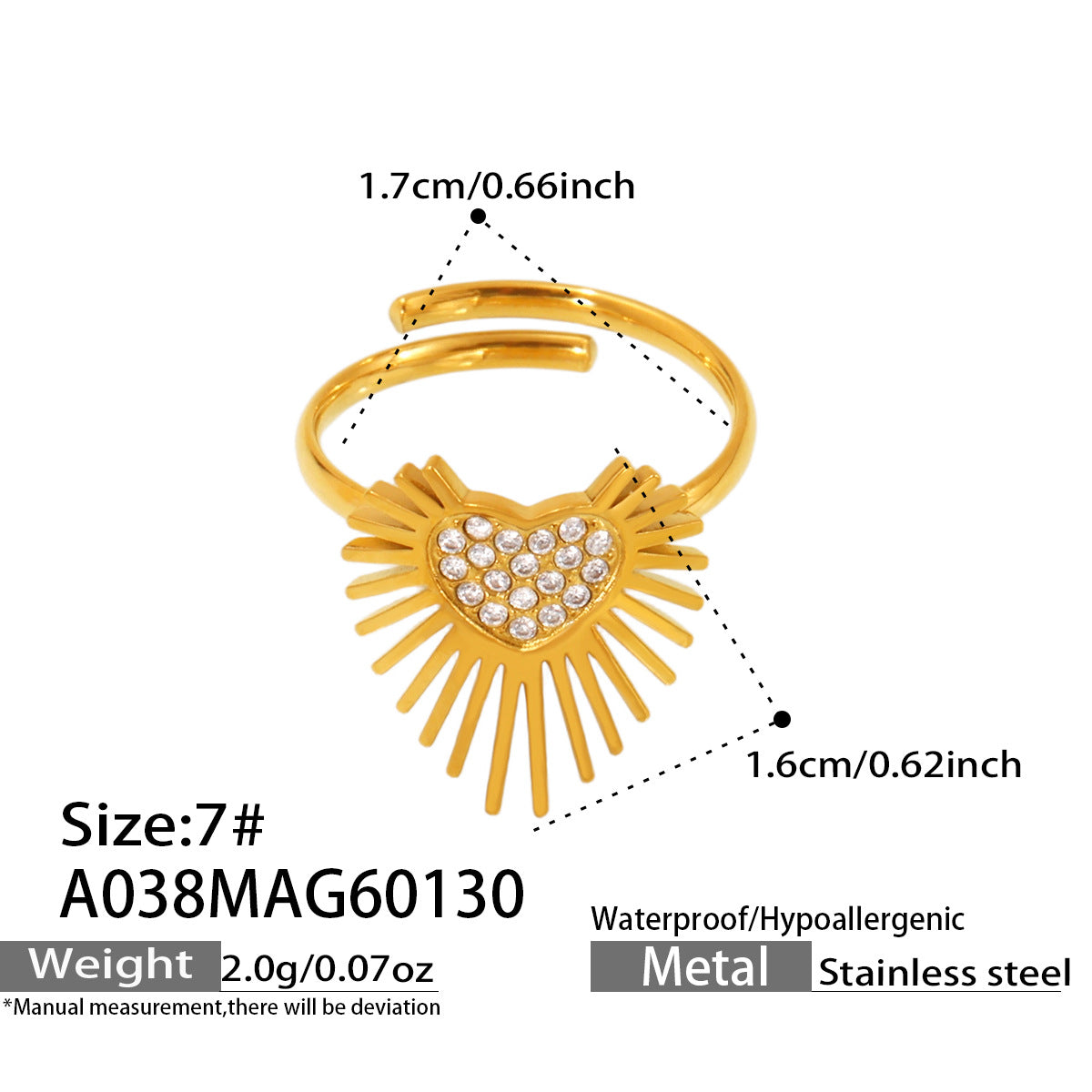 Radiant Sunburst Pavé Heart Adjustable Ring