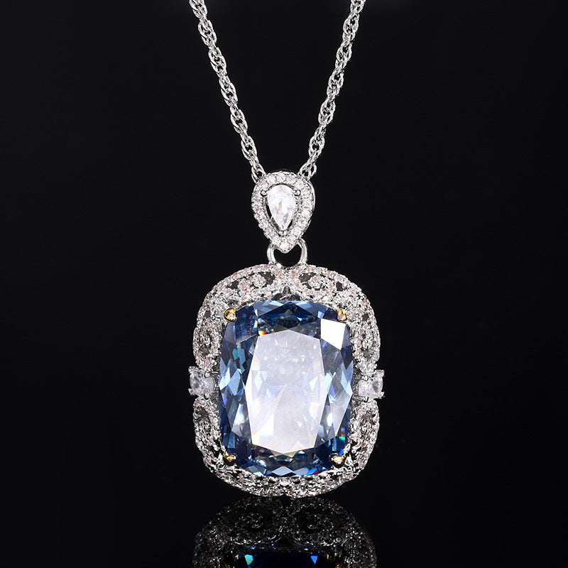 Opulent Cushion-Cut Blue Stone Halo Necklace & Ring Set