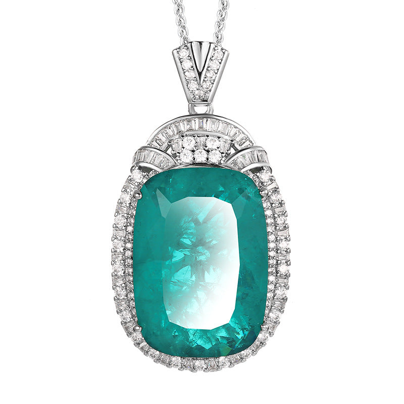 Luxury Cushion Cut Emerald Green Paraiba Blue Pendant Necklace