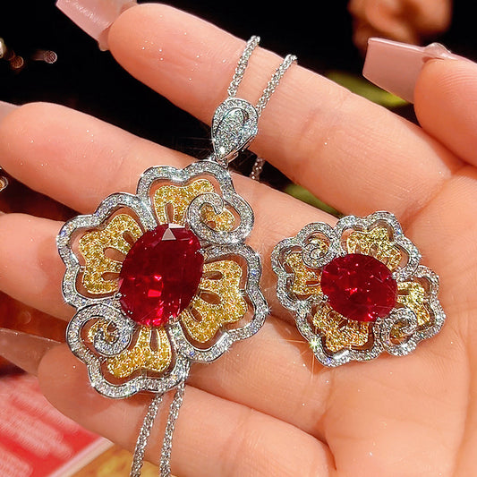 Majestic Crimson Bloom: Vintage Two-Tone Ruby Jewelry Set