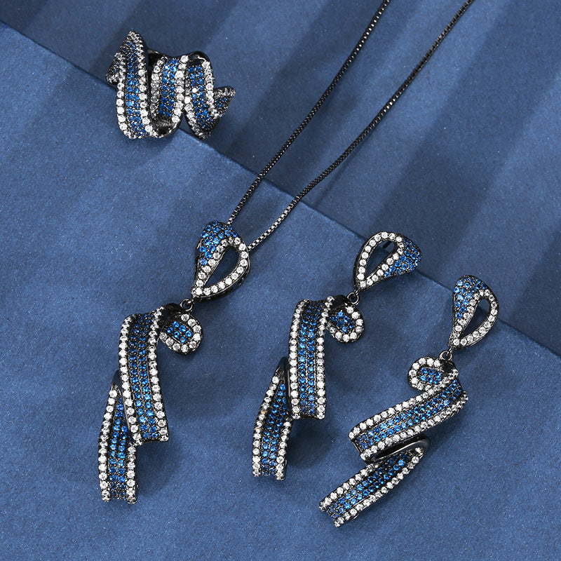 Art Deco Gunmetal Twisted Ribbon Blue Sapphire Jewelry Set