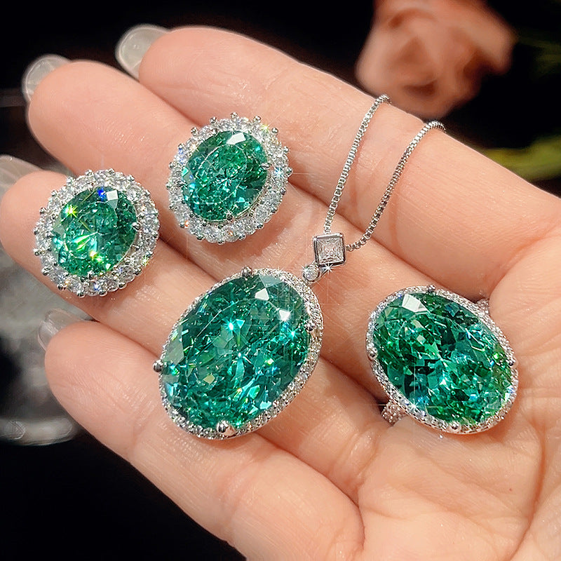 Radiant Emerald Green Oval-Cut Crystal Halo Jewelry Set