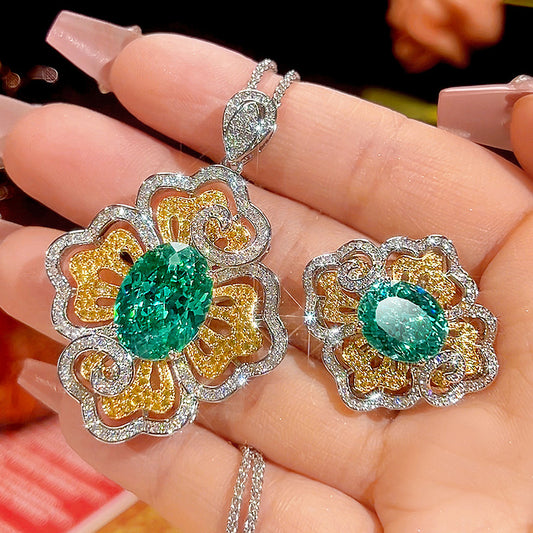 Exquisite Green Oval Stone Floral Scroll Pave Jewelry Set