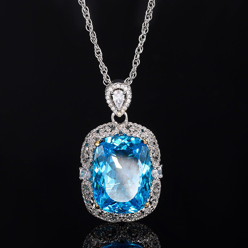 Opulent Cushion-Cut Blue Stone Halo Necklace & Ring Set