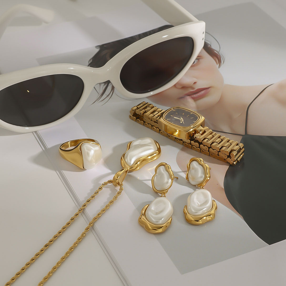 Organic Sculptural Pearl & Gold Jewelry Set