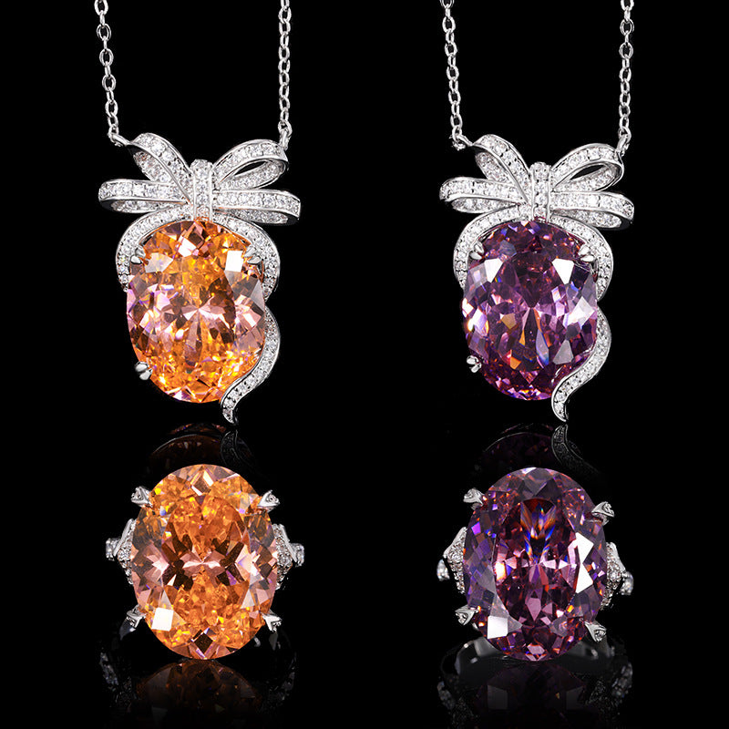 Elegant Oval Gemstone Bow-Knot Pendant and Ring Set