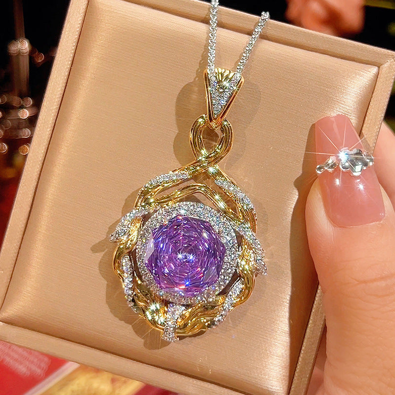 Rose Cut Gemstone Twisted Halo Statement Pendant Necklace