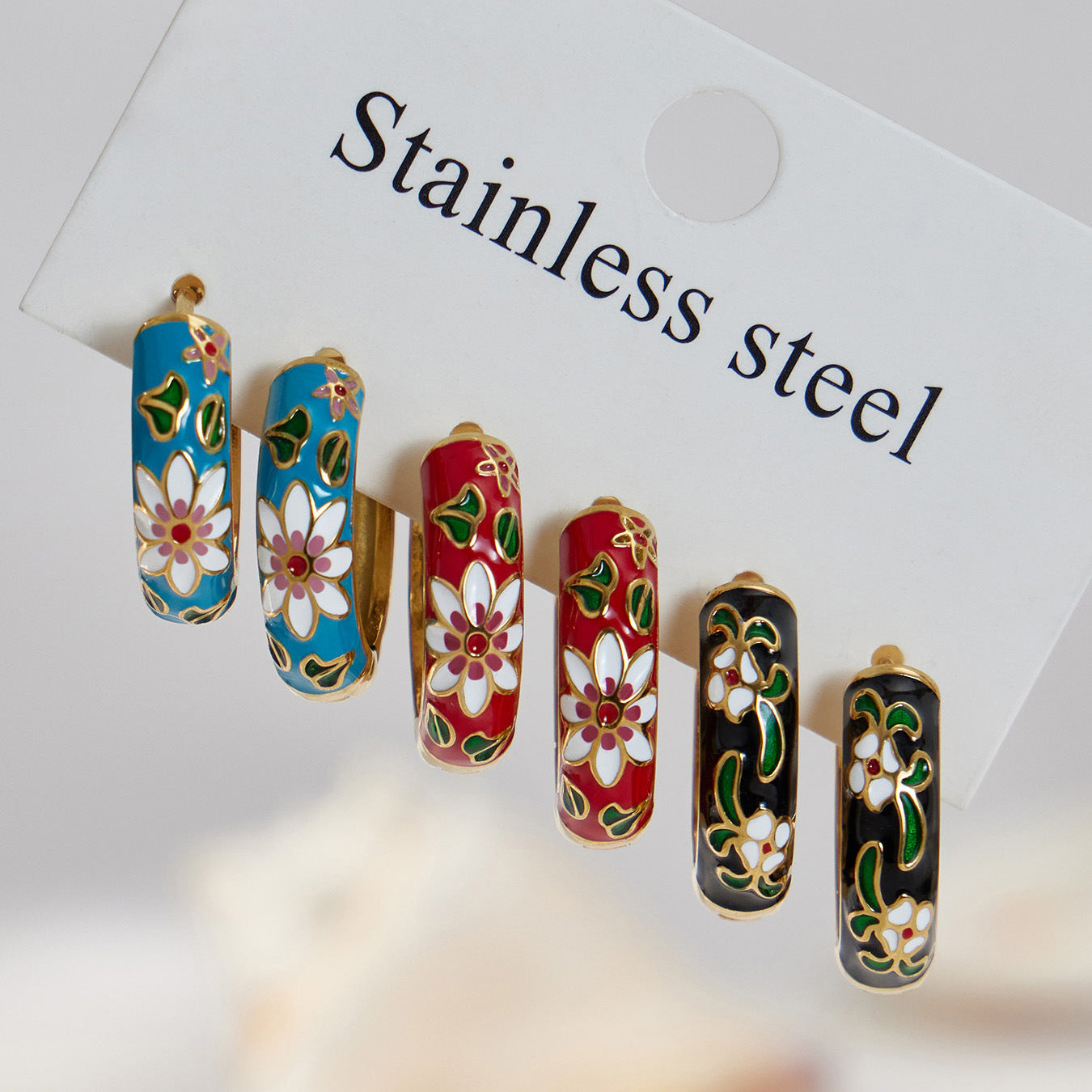 Enamel Floral & Crystal Huggie Earrings