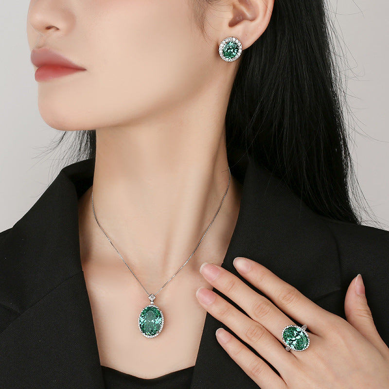 Radiant Emerald Green Oval-Cut Crystal Halo Jewelry Set
