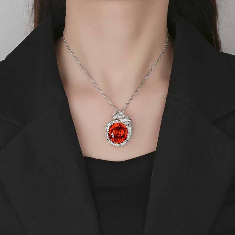 Sparkling Pave Panther Oval Gemstone Necklace