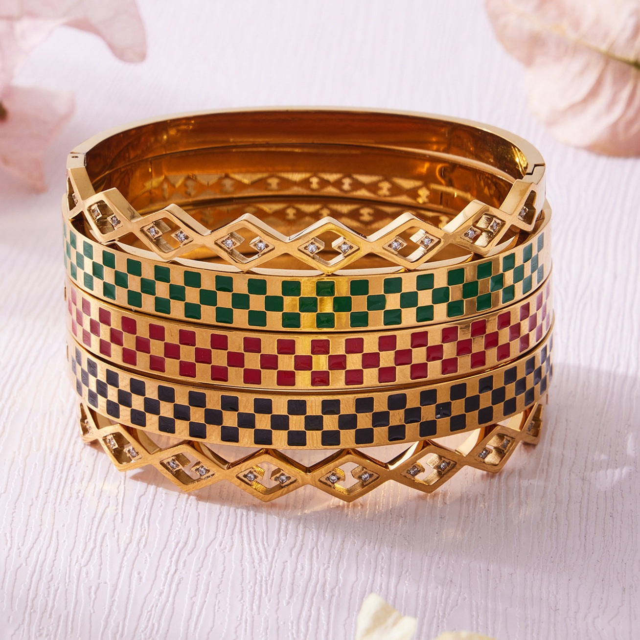 Retro Checkered & Geometric Gold Bangles