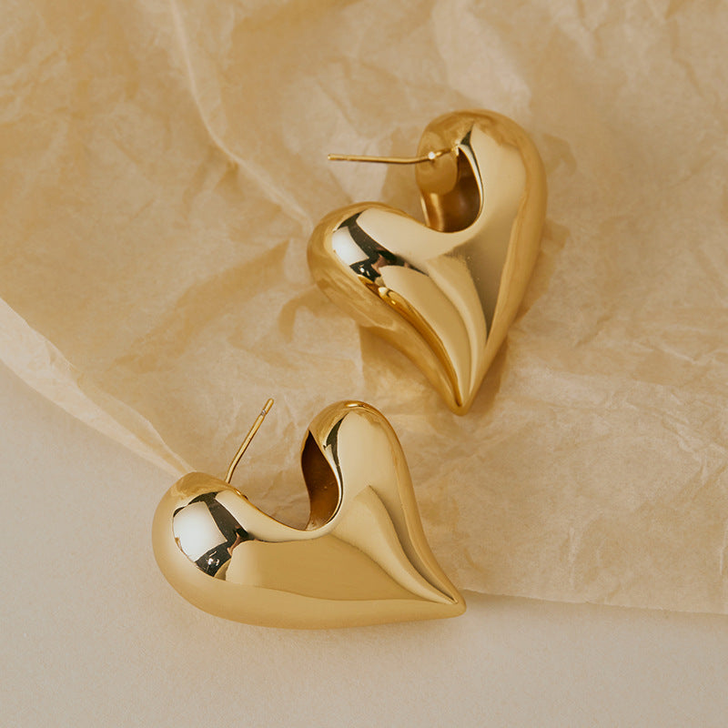Chunky Sculptural Gold Heart Statement Earrings