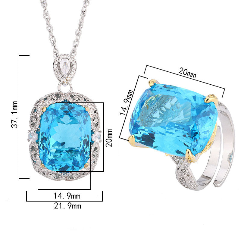 Opulent Cushion-Cut Blue Stone Halo Necklace & Ring Set