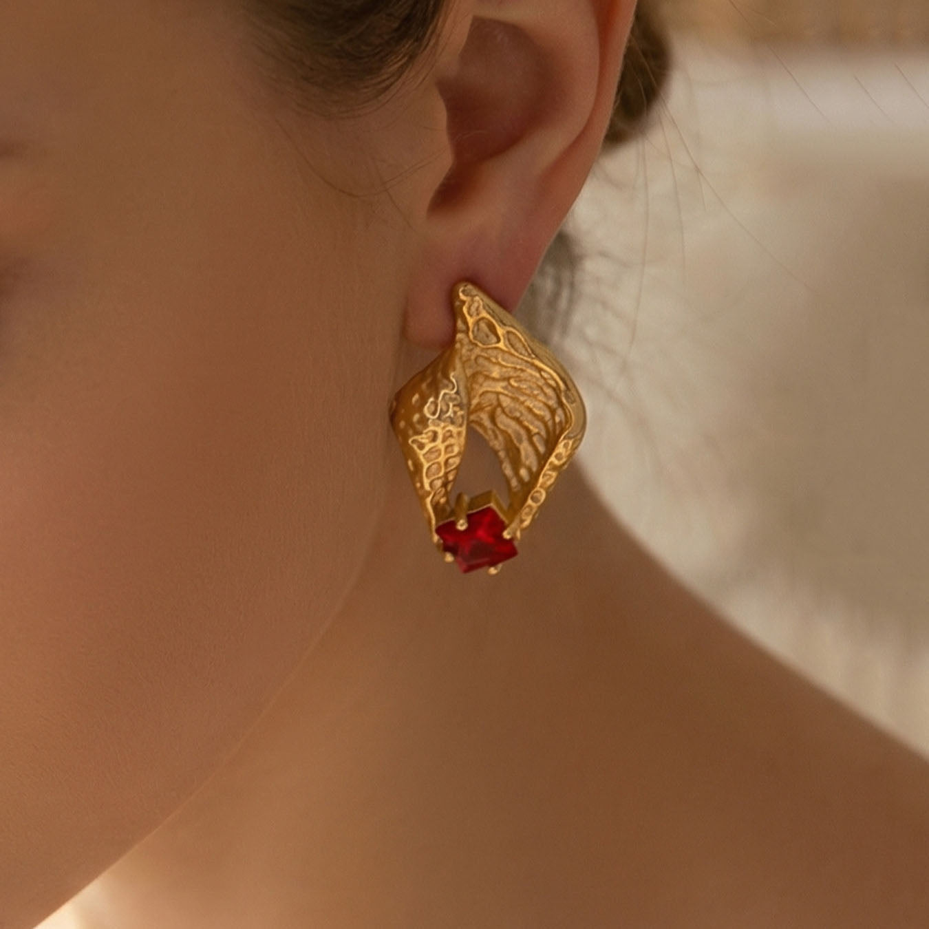 Vintage Hammered Gold Ruby Statement Earrings