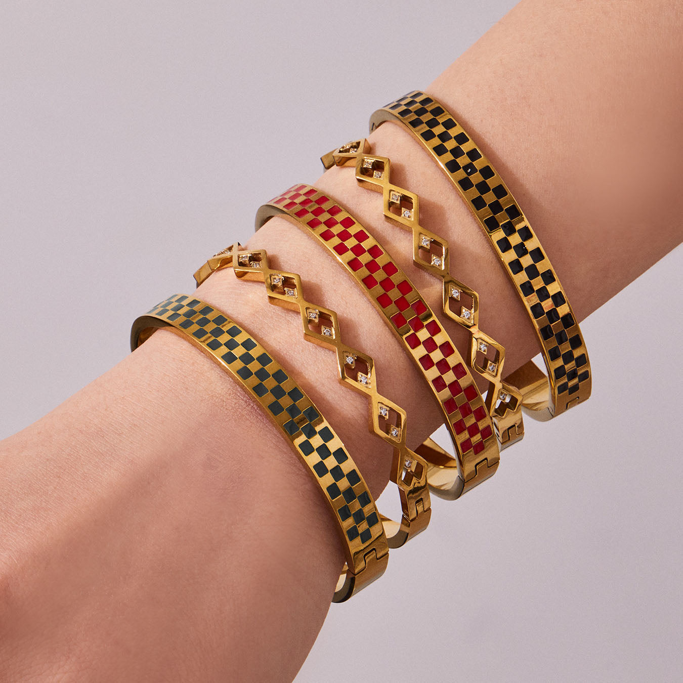 Retro Checkered & Geometric Gold Bangles