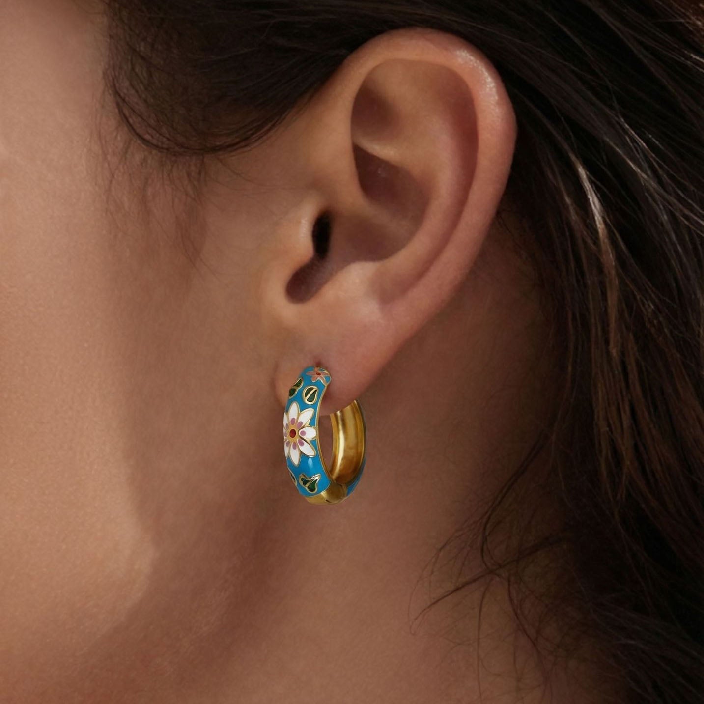 Enamel Floral & Crystal Huggie Earrings