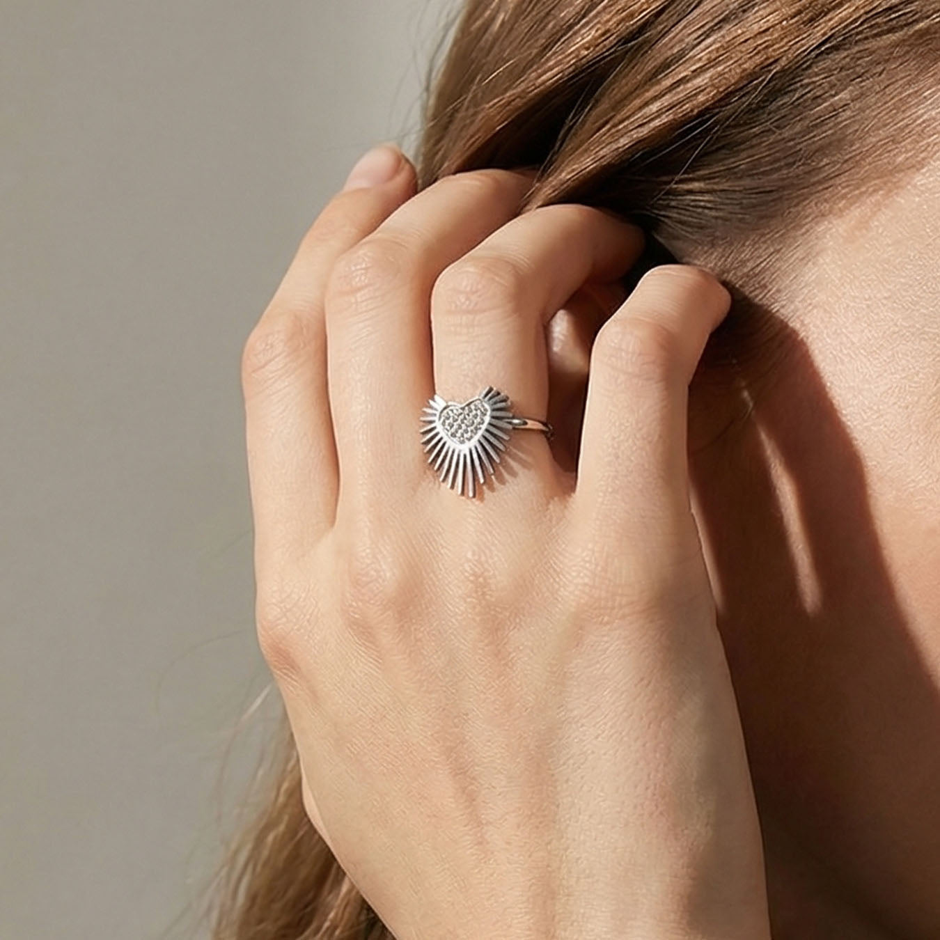 Radiant Sunburst Pavé Heart Adjustable Ring