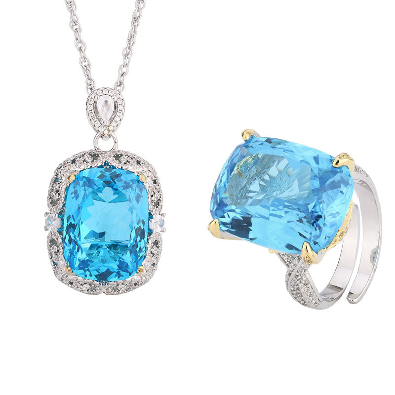 Opulent Cushion-Cut Blue Stone Halo Necklace & Ring Set