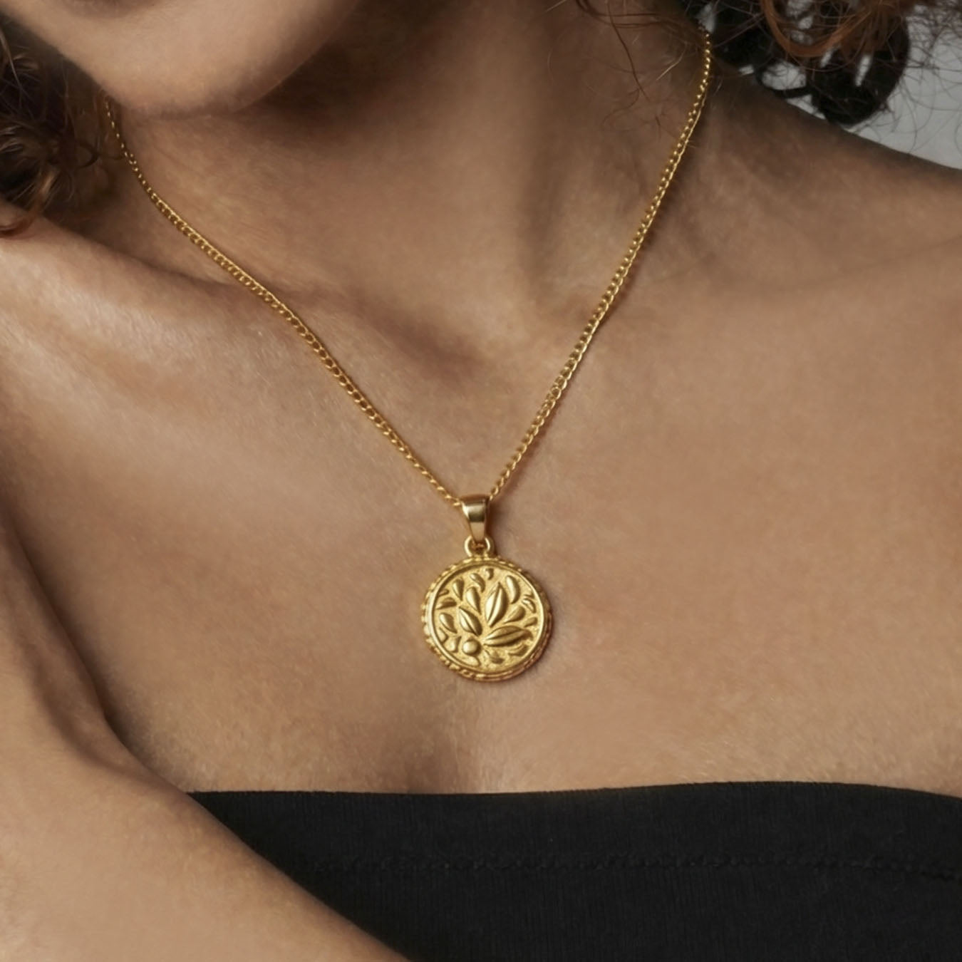 Engraved Gold Botanical Medallion Necklace