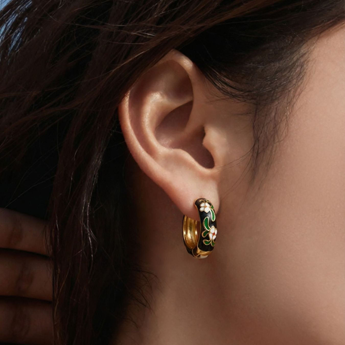 Enamel Floral & Crystal Huggie Earrings