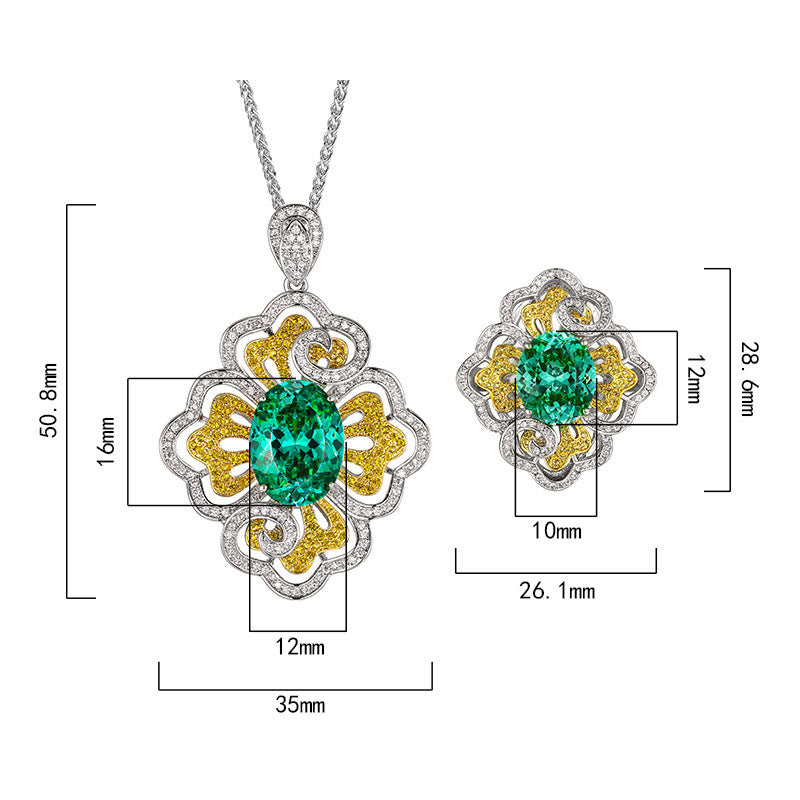 Exquisite Green Oval Stone Floral Scroll Pave Jewelry Set