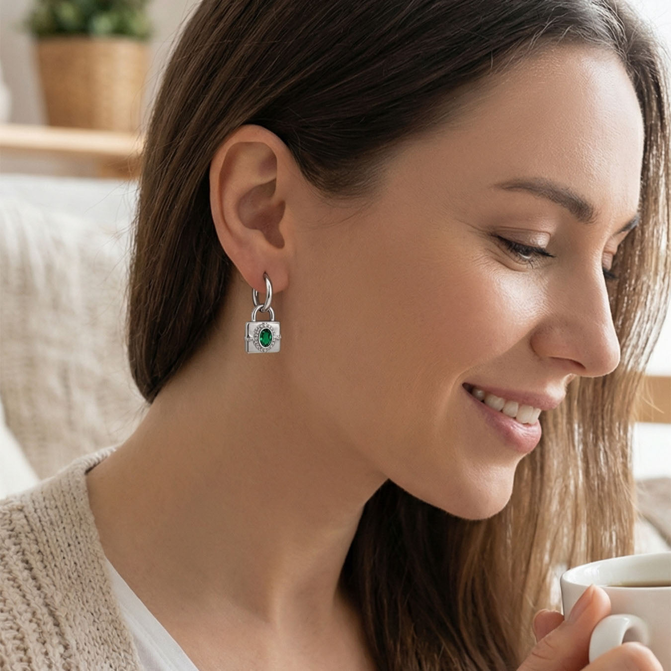 Gemstone Padlock Charm Huggie Earrings