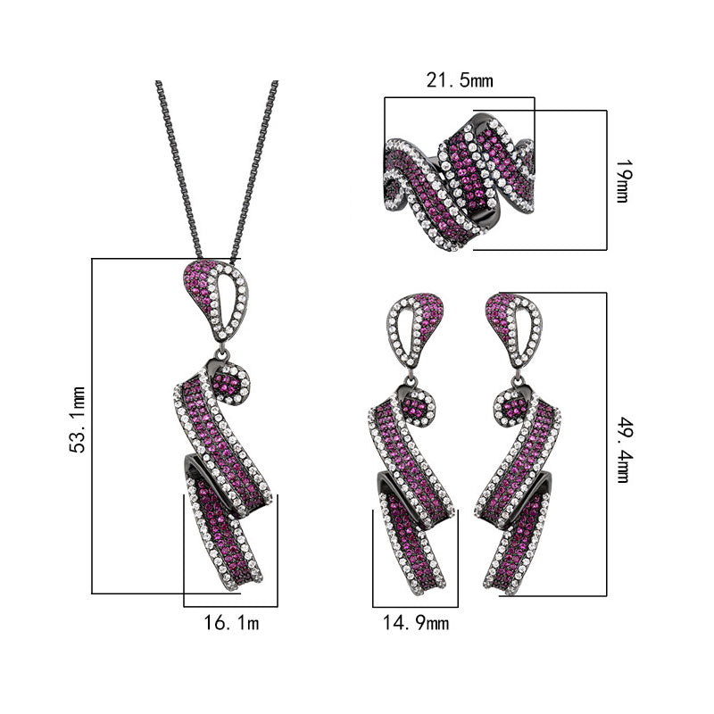 Shimmering Fuchsia Ribbon Swirl Jewelry Set with Black Metal